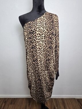 Dots One-Shoulder Leopard Print Dress in Tan and Black